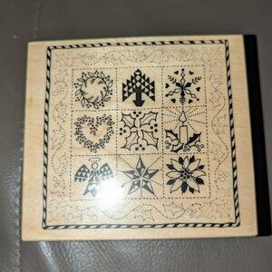 NEW PSX 1995 Christmas Holly Poinsettia Collage Frame Wood Mounted Rubber Stamp